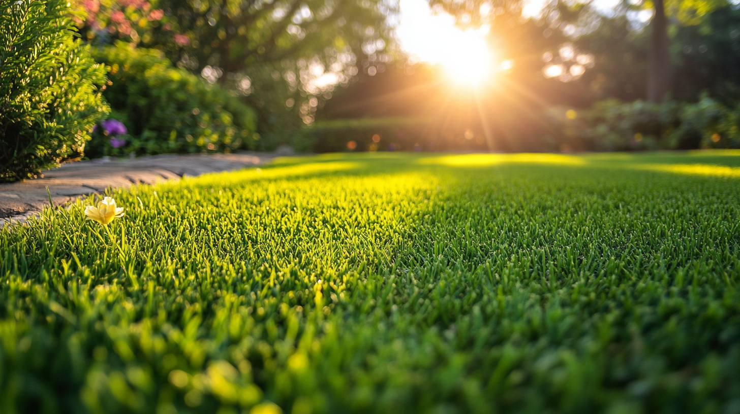 Manicured green lawn at golden hour with sunlight flare